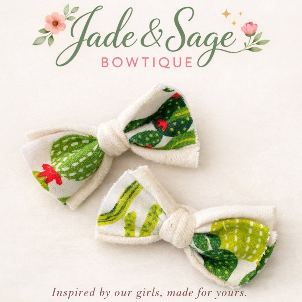 Jade & Sage Bowtique Cactus Print Hair Bows - Green and Cream